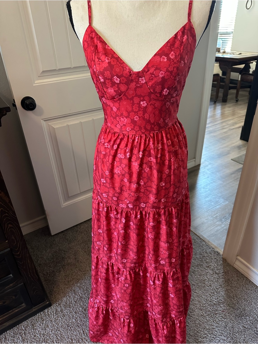 SHEIN Red Floral Tiered Maxi Dress with Spaghetti Straps
